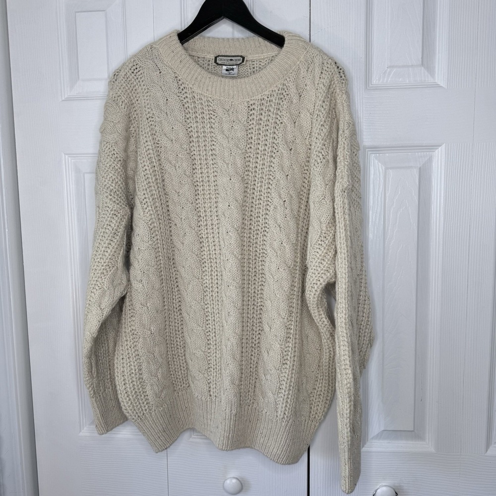 VTG Country Theme Cable Knit Fisherman Sweater Pure Wool Cream New Zealand XL